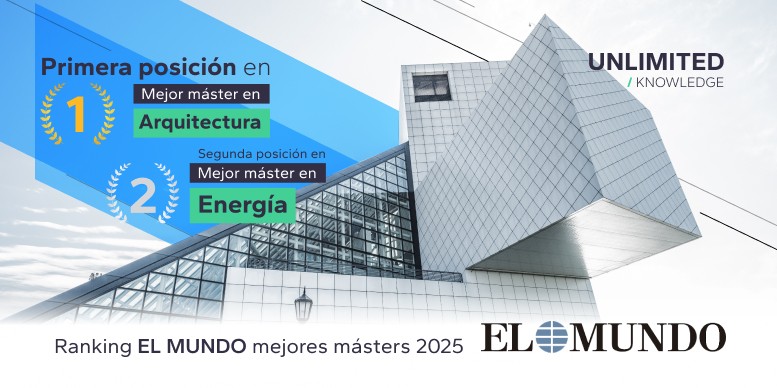 Infografía con texto 1ª posición en master de Arquitectura y 2ª posición en Energía, ranking El Mundo