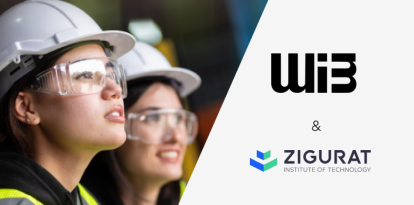 Imagen de dos mujeres con casco de obra y los logos de WIB y ZIGURAT