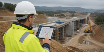 Persona con casco de obra mirando construcción de puente con una tablet en la mano (imagen generada por IA)