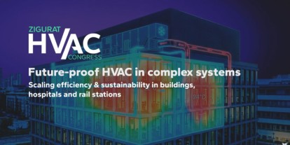 Cartel del HVAC Congress con la imagen de un edificio con tonos azules y rojos que marcan calor y frío