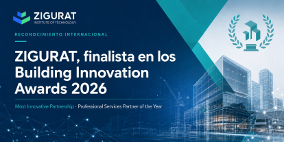 Imagen futurista de IA con el texto ZIGURAT finalista en los Building Innovation Awards 2026