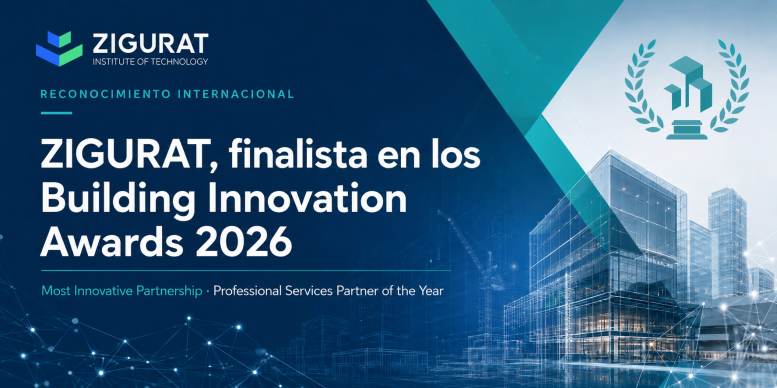 Imagen futurista de IA con el texto ZIGURAT finalista en los Building Innovation Awards 2026