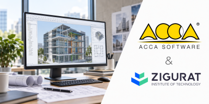 Logos de ACCA Software y ZIGURAT junto a un ordenador con un proyecto BIM