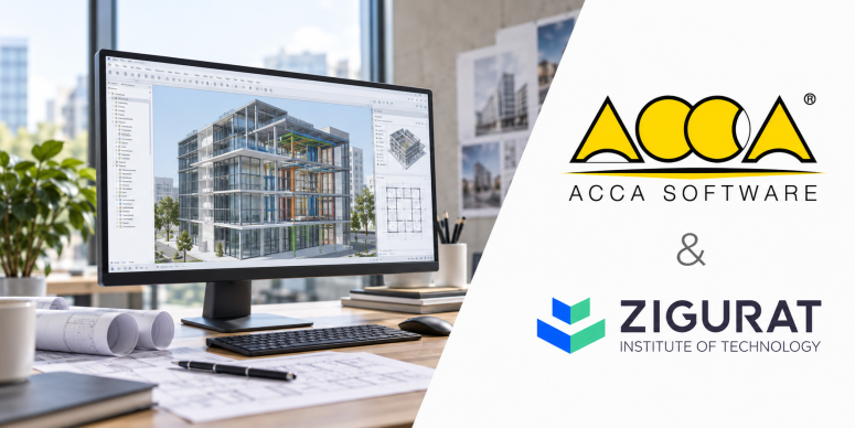 Logos de ACCA Software y ZIGURAT junto a un ordenador con un proyecto BIM
