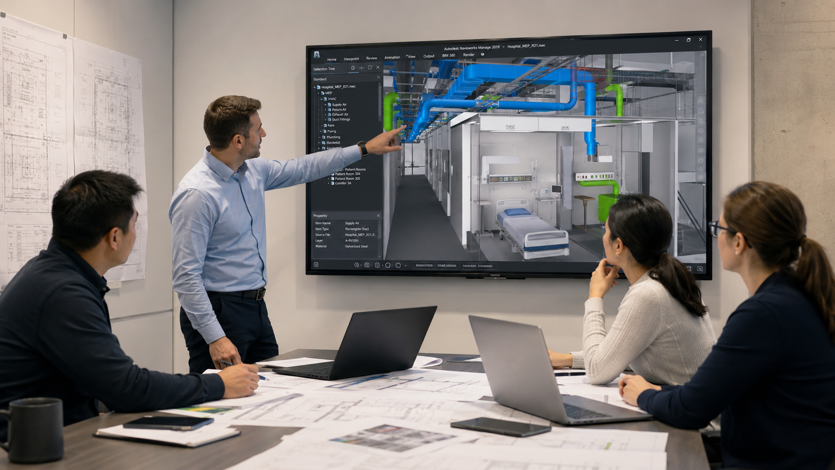 Engineers reviewing hospital HVAC systems in a BIM model