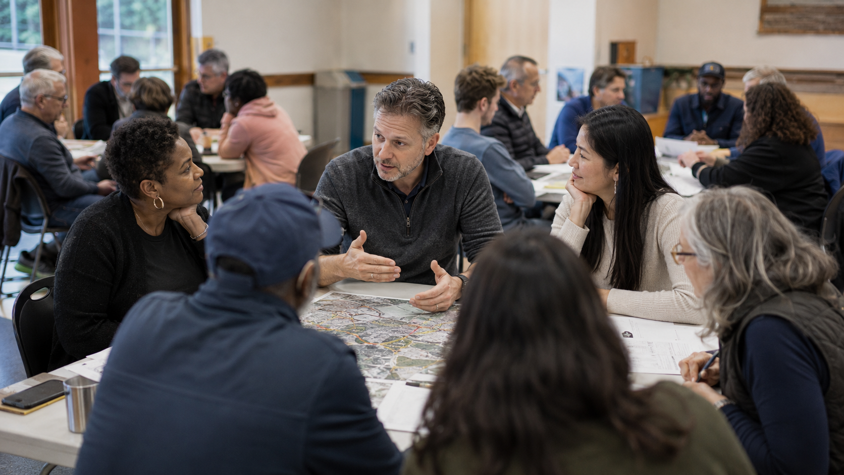 Residents discuss a neighbourhood map during a community resilience planning workshop