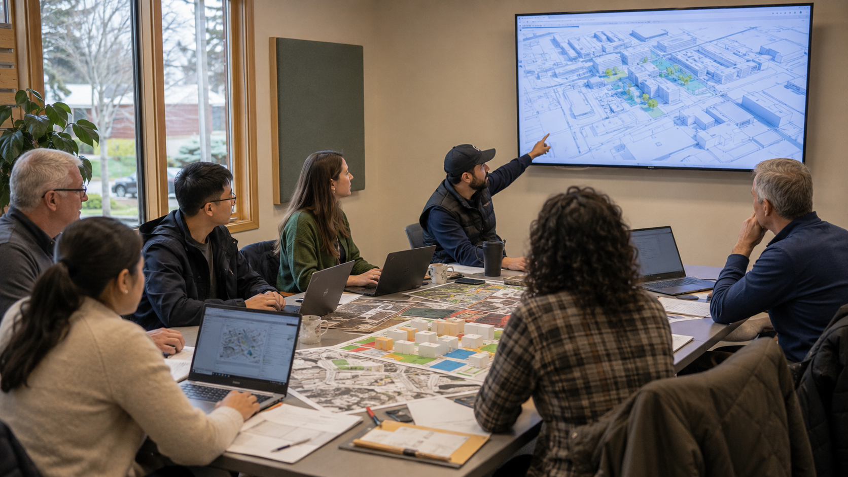 Planning team reviews a digital model of a neighbourhood during a resilience hub workshop