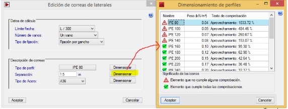 Figura 7 Dimensionado de las correas de fachada en el Generador de Pórticos.
