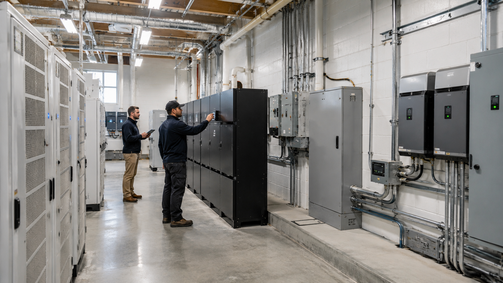 Technicians inspect energy storage and electrical equipment inside a community energy hub