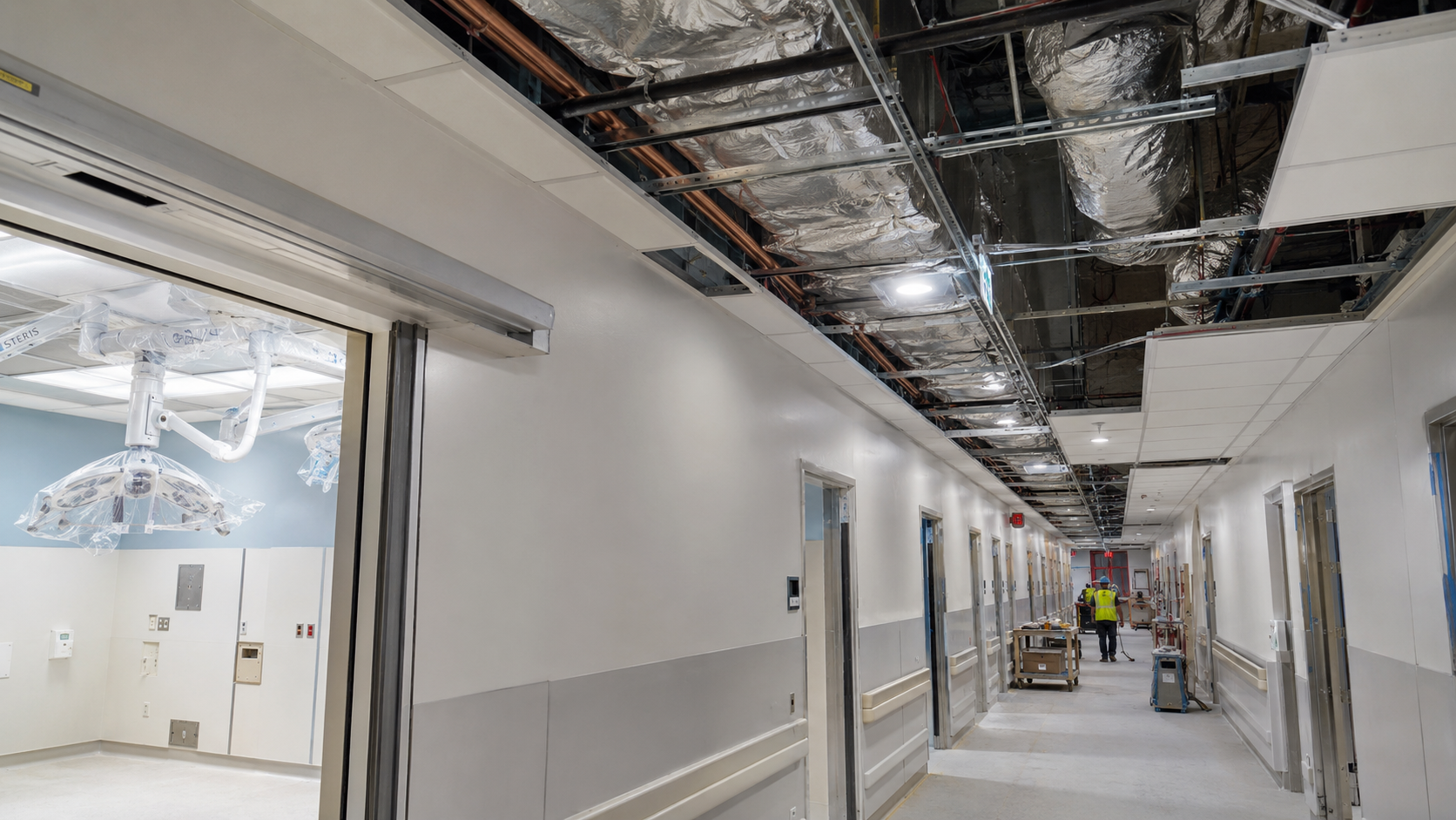 Hospital corridor under construction with exposed HVAC ductwork