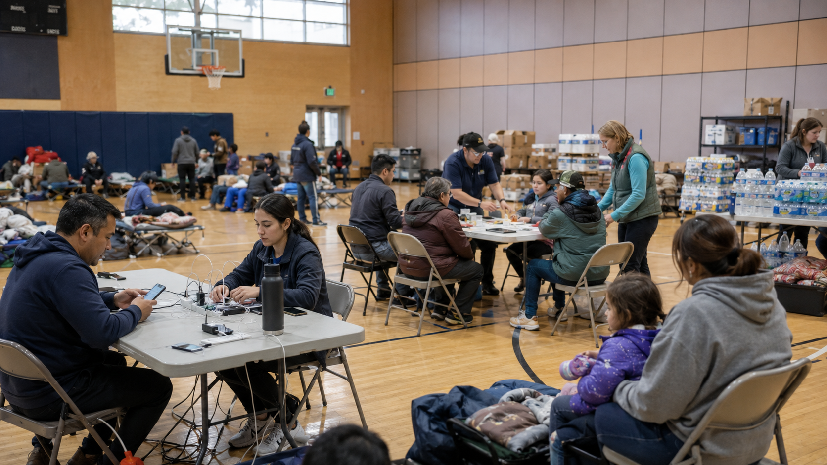 Families and support workers gather around charging stations and supplies in a school gym used as an emergency shelter