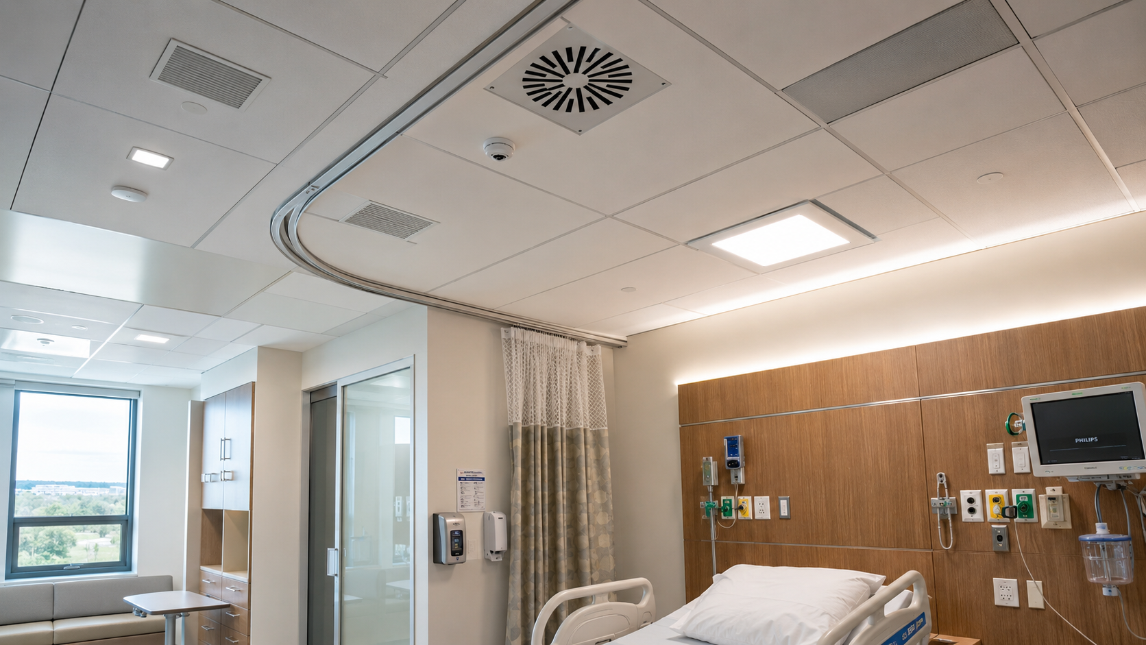 Hospital patient room with ceiling ventilation and HVAC systems